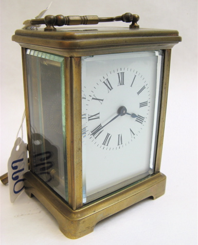 Appraisal: FRENCH BRASS CARRIAGE CLOCK having white porcelain enamel dial with