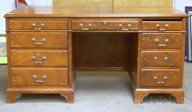 Appraisal: Kittinger Georgian-style Walnut Burl Veneer Flat-top Double-pedestal Desk damage