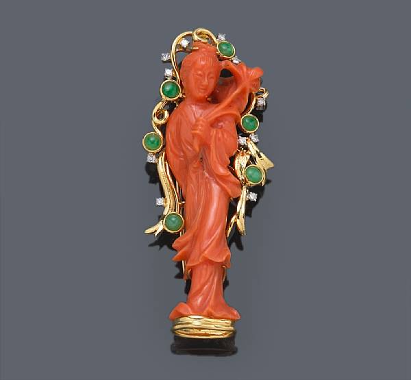 Appraisal: A coral diamond and jade figure brooch depicting a female