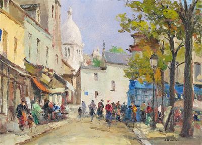 Appraisal: J Brosius French th Century French street scene Signed Oil