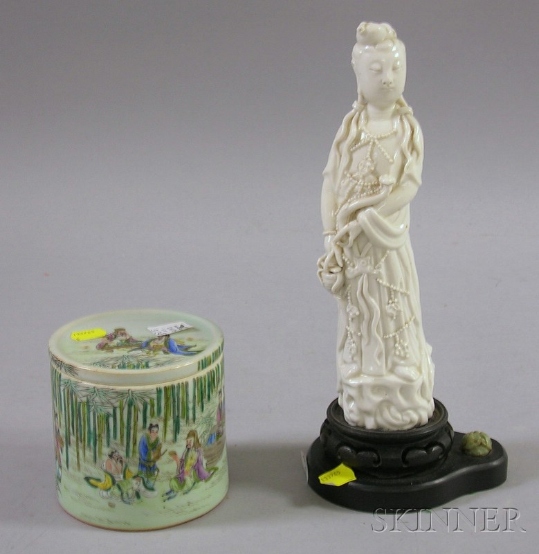 Appraisal: Blanc de Chine Figure on Wooden Base and Covered Porcelain