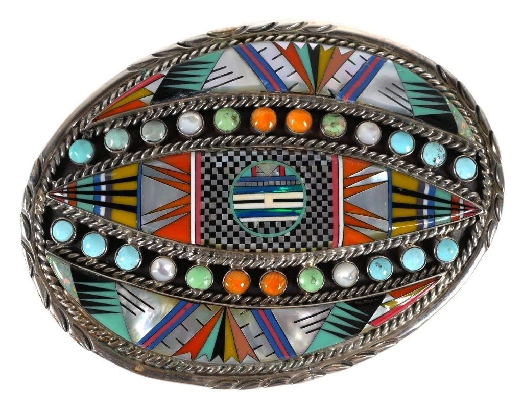 Appraisal: STERLING TURQUOISE MOP ONYX INLAY BELT BUCKLEExquisite micro inlay buckle