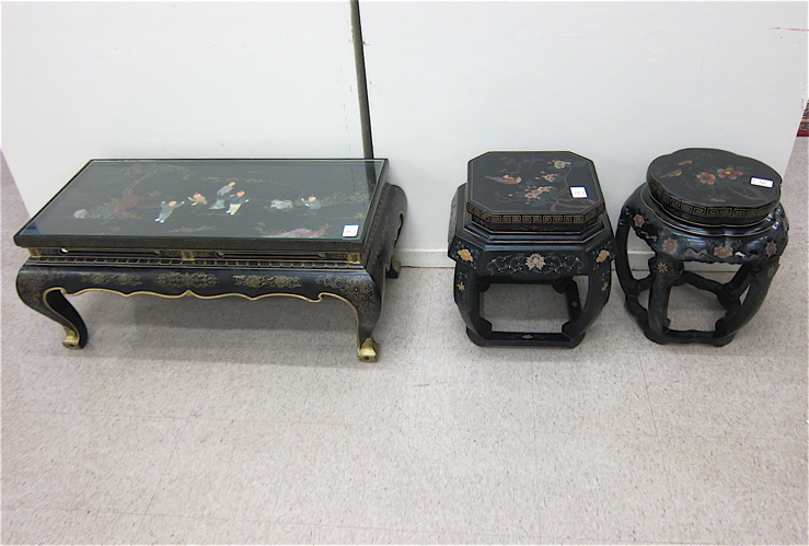 Appraisal: THREE CHINESE BLACK LACQUER OCCASIONAL TABLES rectangular cocktail table one