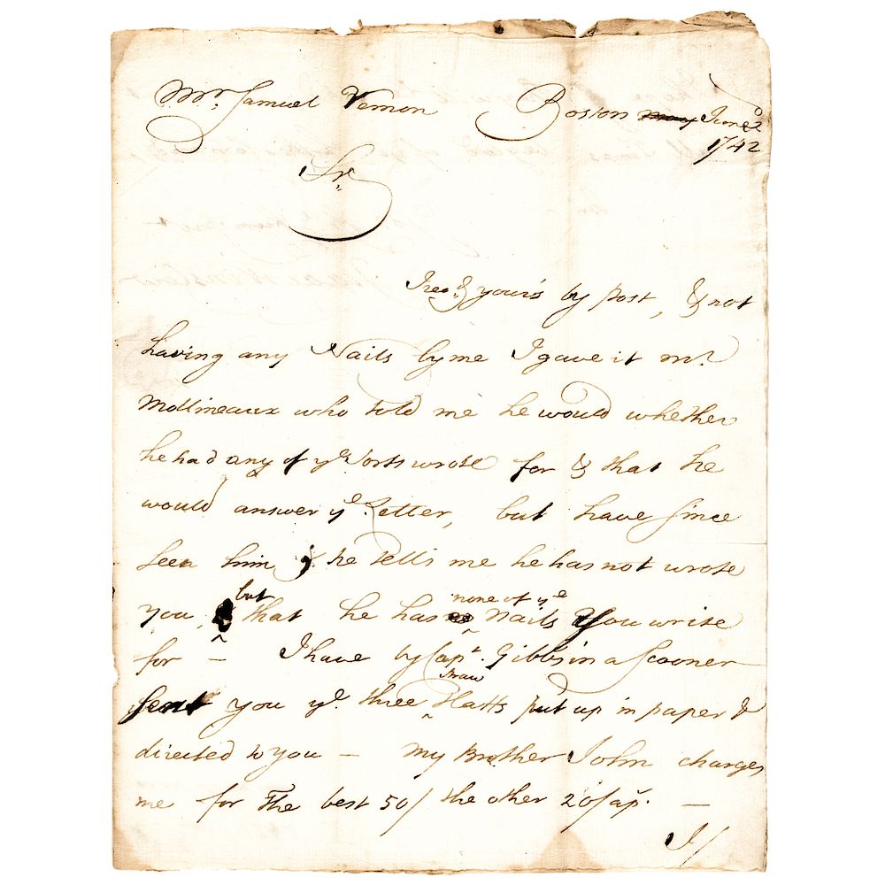 Appraisal: ISAAC WINSLOW Boston TEA PARTY Merchant Autograph Letter Signed Autographs