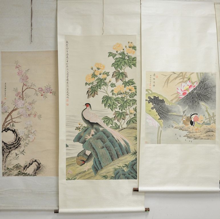 Appraisal: Three Oriental scrolls watercolors on paper including ducks by a