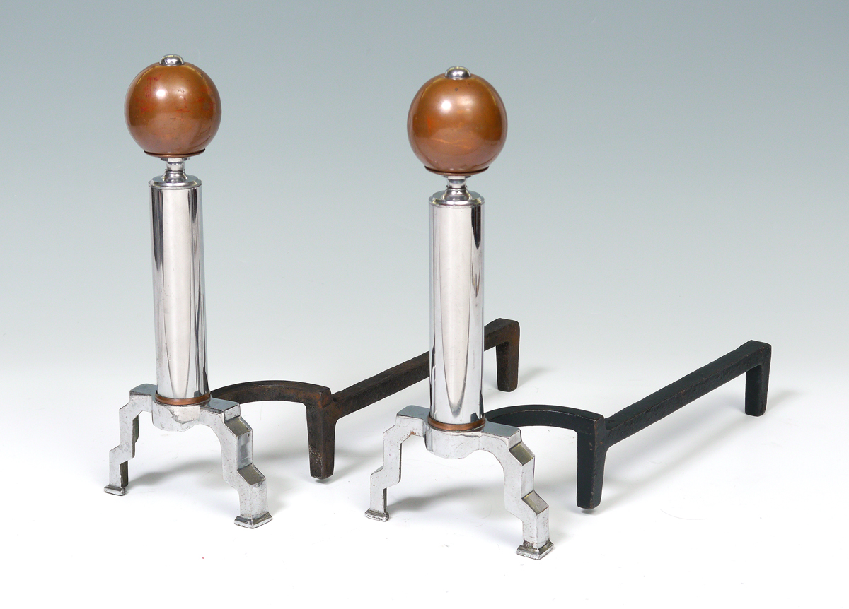 Appraisal: 'S ART DECO ANDIRONS Pair of andirons with chrome stepped