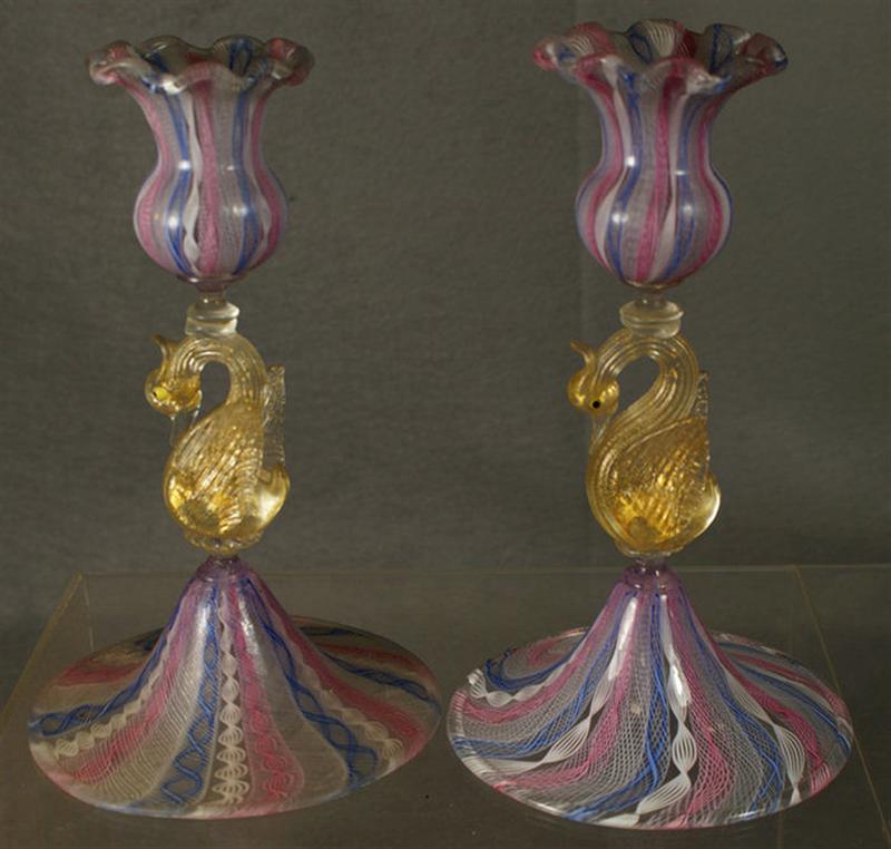 Appraisal: Pr pink blue and white ribbon design Venetian candlesticks with