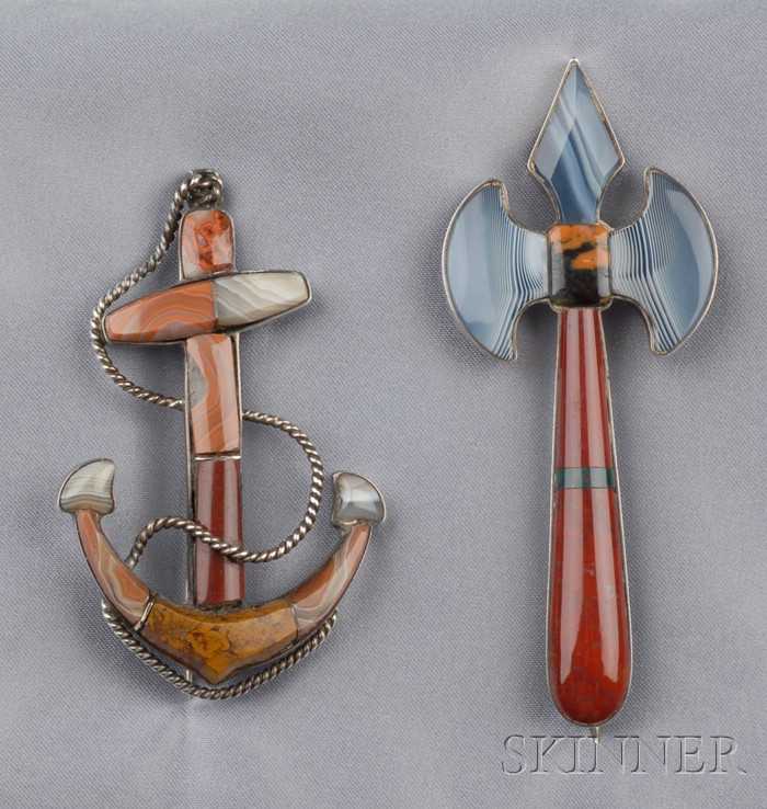 Appraisal: Two Whimsical Victorian Silver and Scottish Agate Figural Brooches an