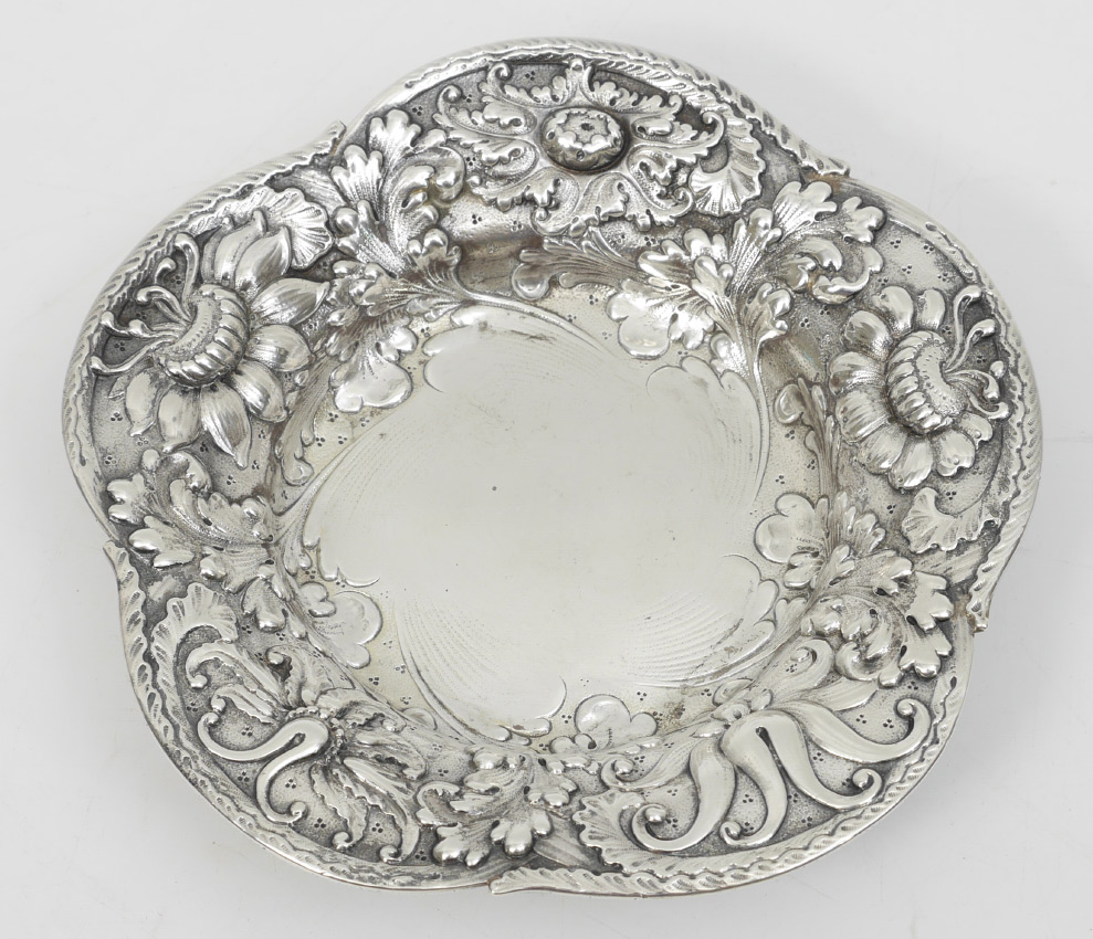 Appraisal: TIFFANY STERLING REPOUSSE DISH Circa - floral motif scalloped rim