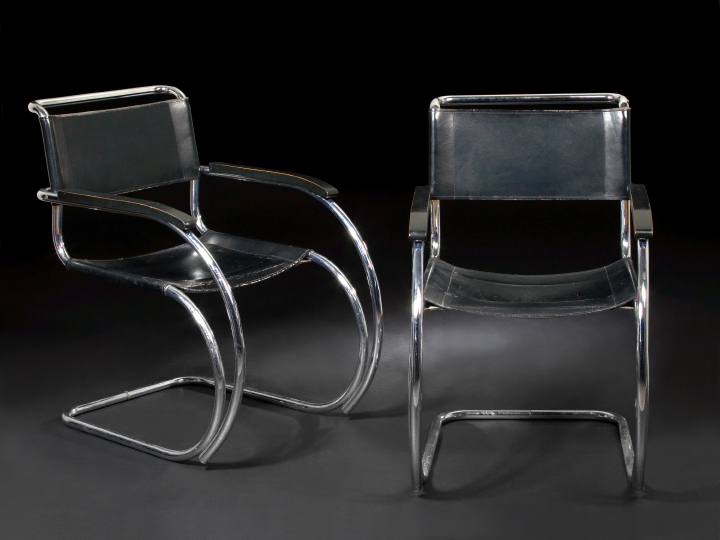 Appraisal: Pair of International Moderne-Style Tubular Steel and Black Leather MR