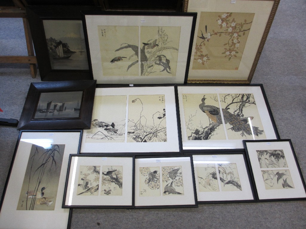 Appraisal: Lot comprising eleven Japanese woodblock prints plus two silk pictures