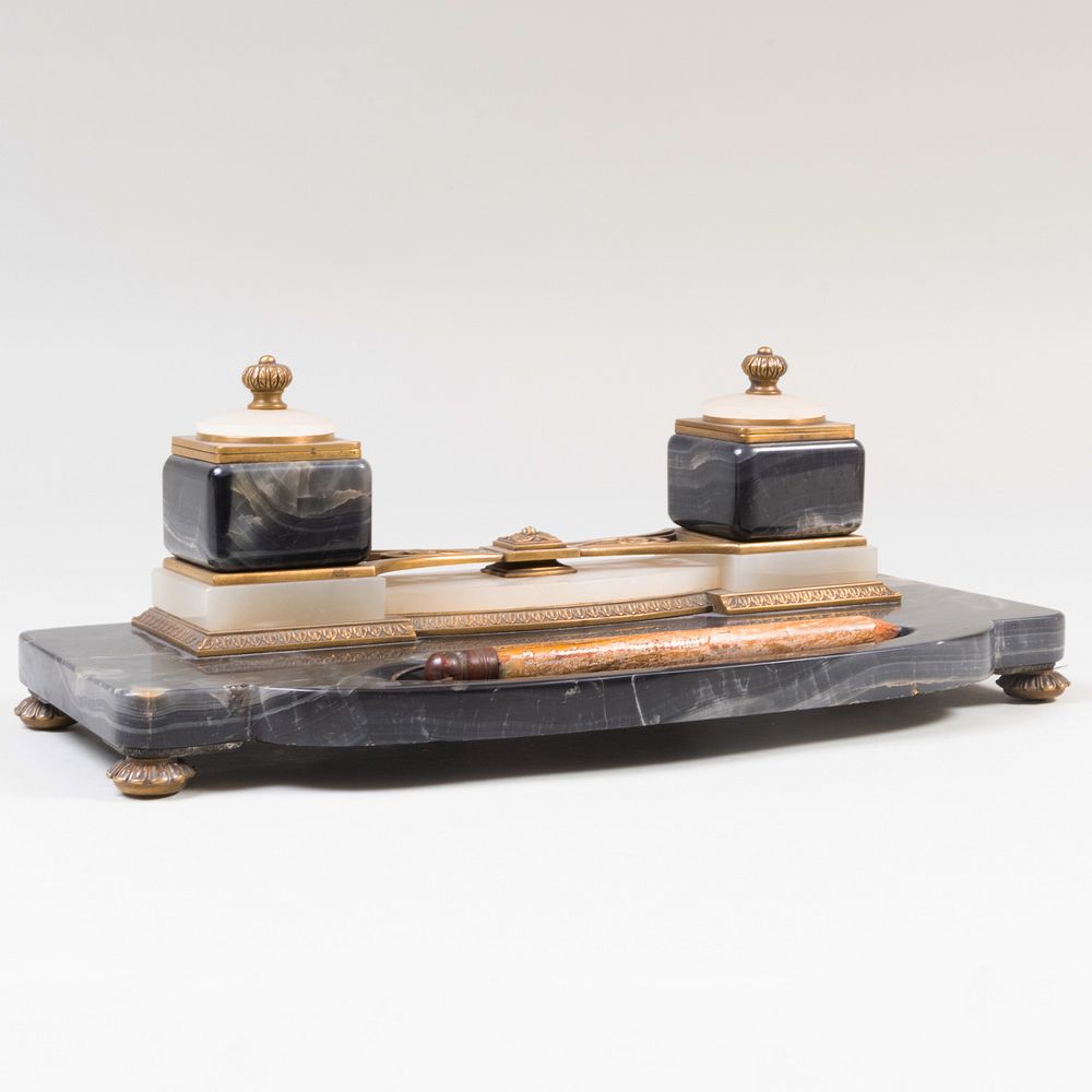 Appraisal: Art Nouveau Brass Mounted Hardstone Inkstand Together with two porcelain