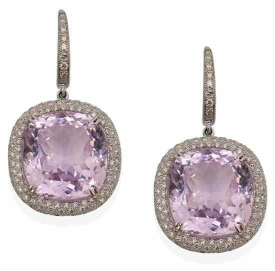 Appraisal: A PAIR OF KUNZITE AND DIAMOND EARRINGS Each earring comprising