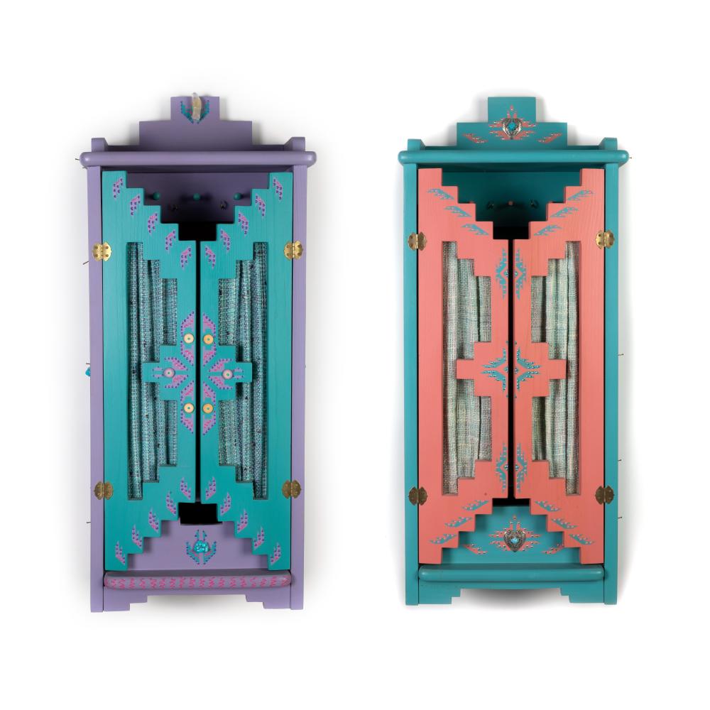 Appraisal: SOUTHWEST CRAFT PAIR OF COLORFUL WALL CUPBOARDSSouthwest Craft Pair of