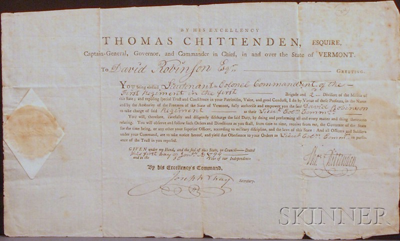 Appraisal: Chittenden Thomas - Signed document January one page as Governor