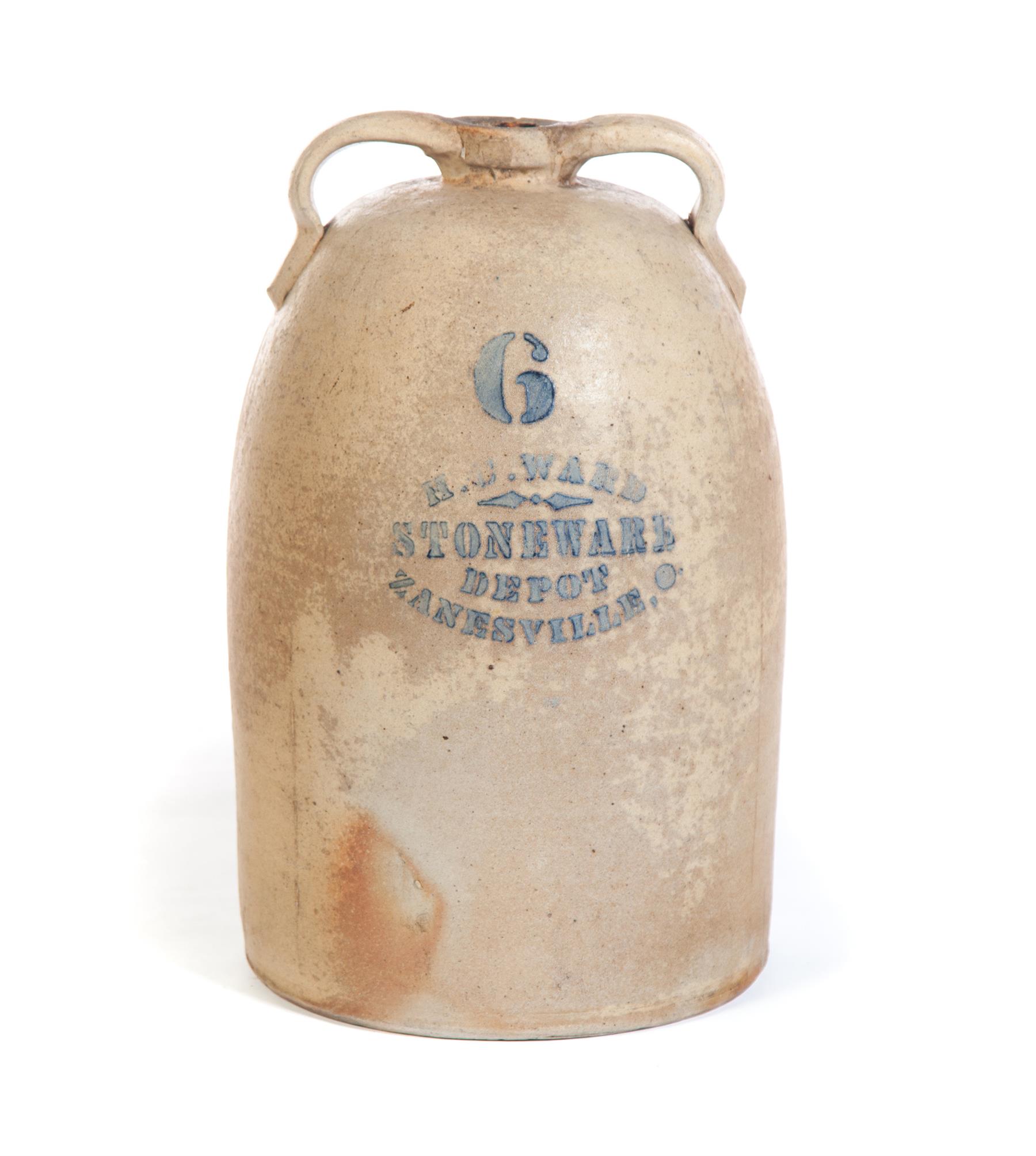 Appraisal: OHIO STONEWARE JUG Six-gallon jug with double handles Stenciled label