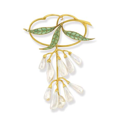 Appraisal: Art Nouveau Gold Plique-a-Jour Enamel and Freshwater Pearl Brooch Estimate