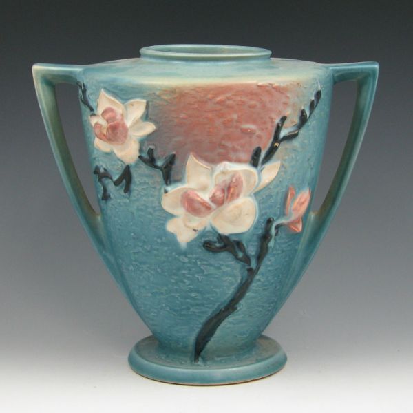 Appraisal: Roseville Magnolia handled vase in blue Marked Roseville USA -