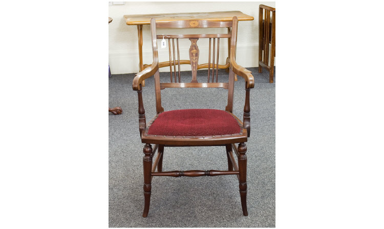 Appraisal: Victorian Small Mahogany Arm Chair Spindle back String banded Marquetry