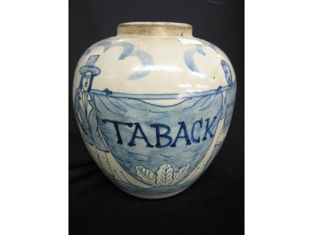 Appraisal: Mid th Century Stoneware Tobacco Jar Taback with figures leaves