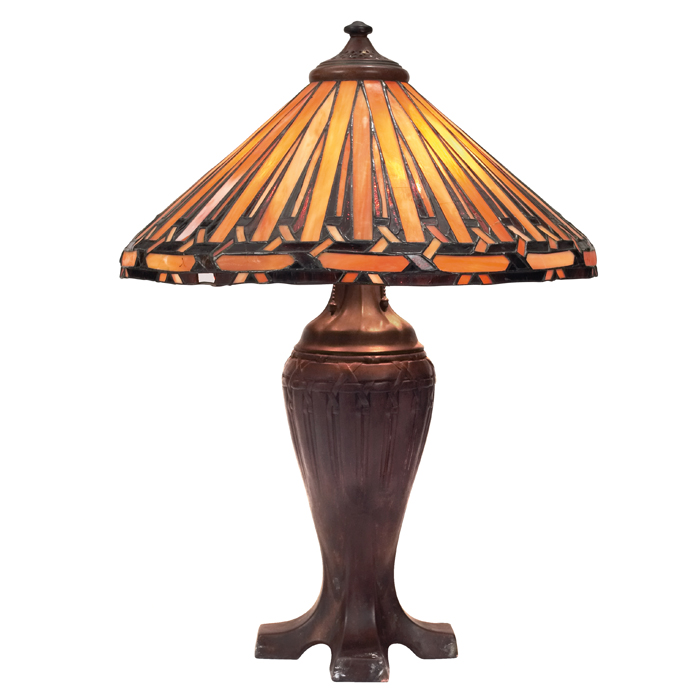 Appraisal: Handel lamp base three-socket base with a contemporary leaded glass