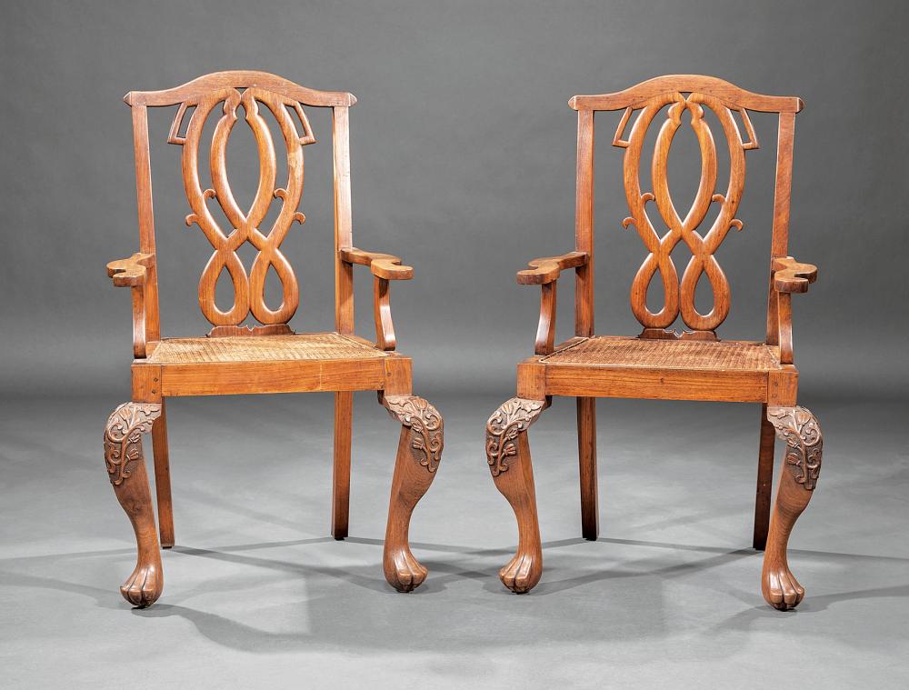 Appraisal: Pair of Anglo-Colonial Carved Teak Armchairs in the Georgian Taste