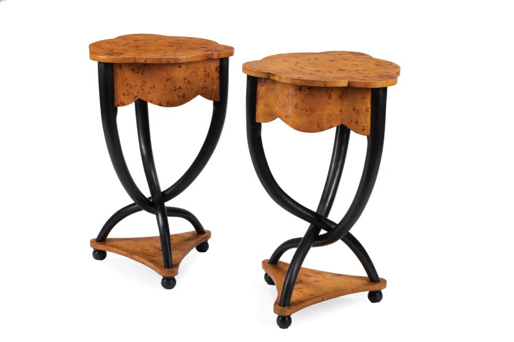 Appraisal: Pair of Biedermeier-Style Burlwood and Black Painted Side Tables st