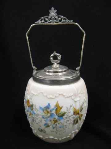 Appraisal: Wavecrest Art Glass Biscuit Jar floral silverplate top handle ''