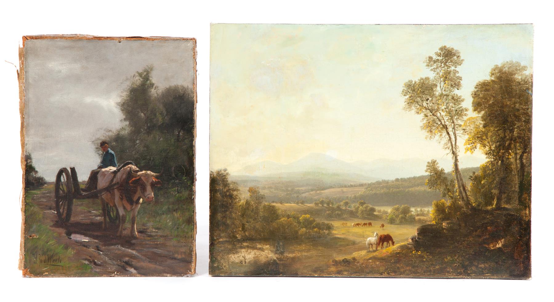 Appraisal: TWO EUROPEAN LANDSCAPES Oil on canvas th century Ox cart