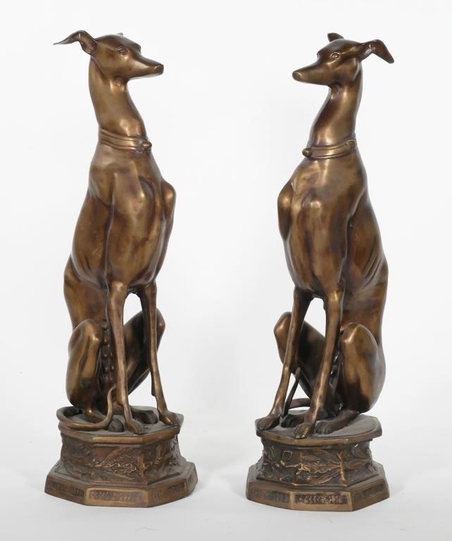 Appraisal: Pair of Art Deco bronze greyhound sculptures on ornate octagonal