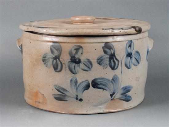 Appraisal: American salt glazed cobalt decorated stoneware double-handled butter crock of