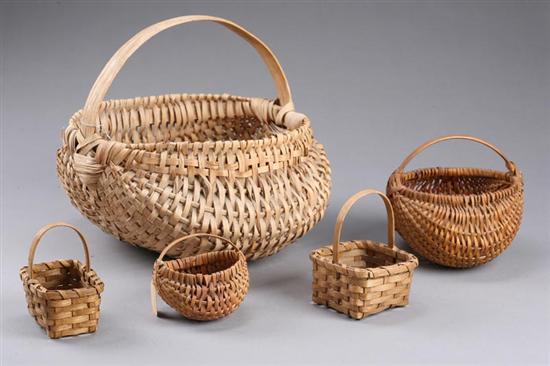 Appraisal: FIVE BASKETS American early th century woven splint Pictured is