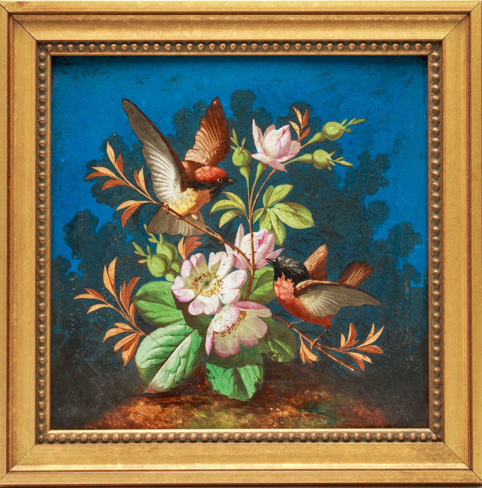 Appraisal: French Porcelain Plaque with Birds Flowers French hand-painted porcelain plaque