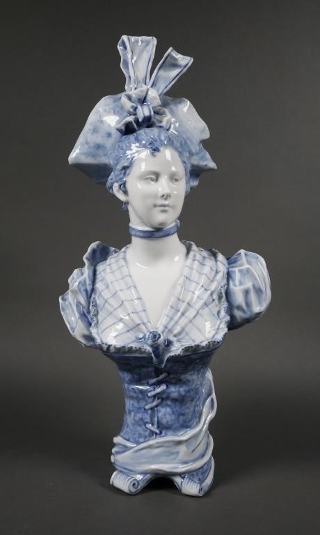 Appraisal: Antique French maiden bust in glazed blue and white porcelain