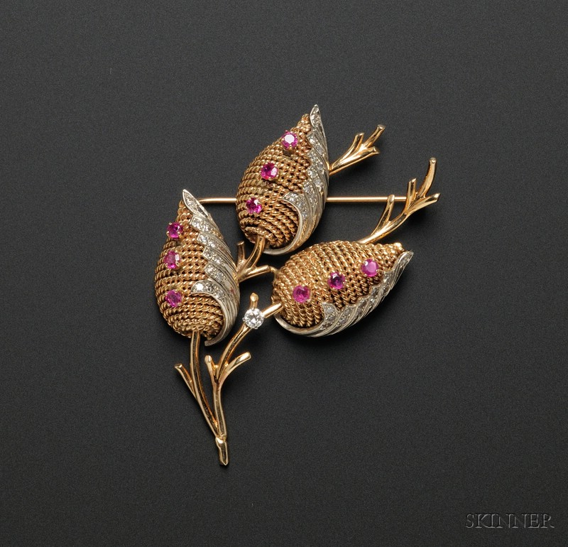 Appraisal: Retro kt Bicolor Gold and Gemstone Triple-Leaf Brooch Ernest Zimet