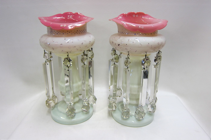 Appraisal: PAIR VICTORIAN GLASS LUSTRES hand enameled with floral decoration on