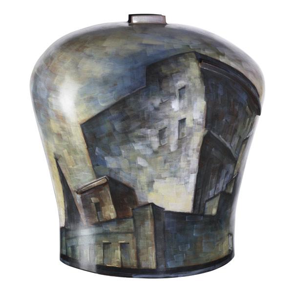 Appraisal: LYDIA BUZIO Large glazed vessel with three-dimensional cityscape Hairline runs