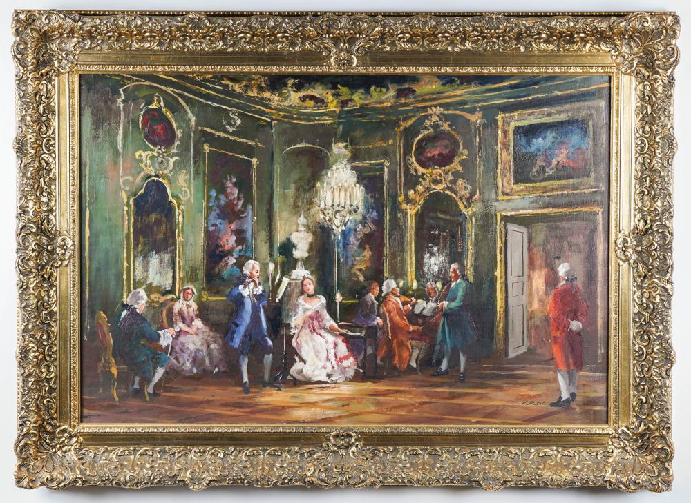 Appraisal: TH CENTURY FIGURES IN A ROCOCO INTERIORoil on canvas signed