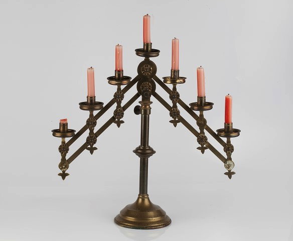 Appraisal: Vanpoulle of WestminsterPair of Gothic Revival brass candleabra or menorahsseven