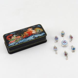 Appraisal: Russian Lacquer Box together with Seven Russian Porcelain and White