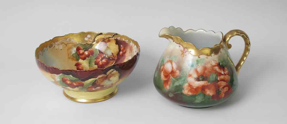 Appraisal: HAND PAINTED FRENCH LIMOGES BOWL AND PITCHER Tressemanes and Vogt