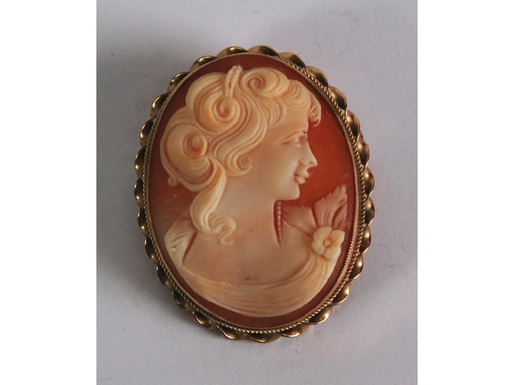 Appraisal: CT GOLD FRAMED OVAL SHELL CAMEO BROOCH depicting head of