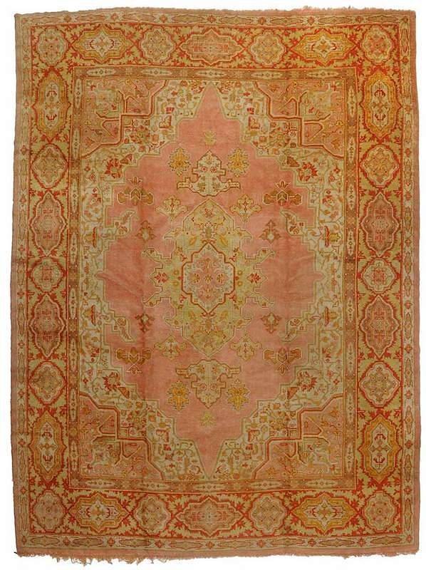 Appraisal: Oushak Carpet mid th century pale yellow medallion on salmon