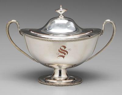 Appraisal: Silver plated soup tureen urn form and finial reeded handles