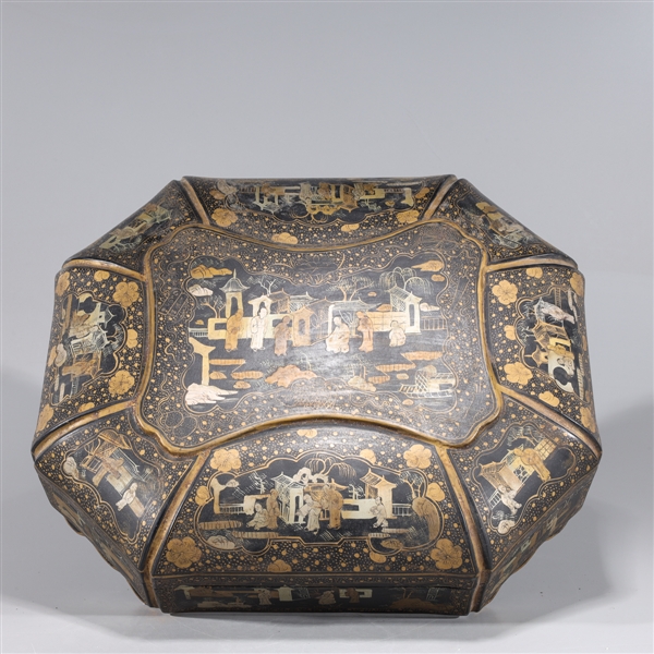 Appraisal: Large Chinese gilt lacquer octagonal box with allover figures and