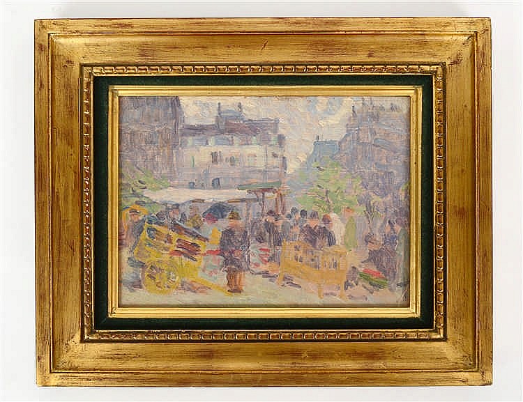 Appraisal: FRENCH SCHOOL EARLY TH CENTURY Parisian Market Scene Oil on