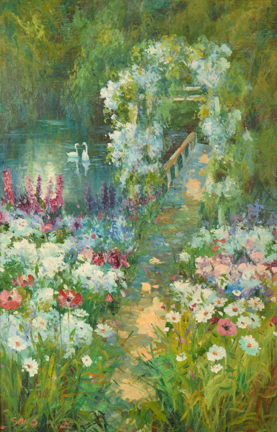 Appraisal: LEE Sang Korean - Flower Garden with Bridge Over a