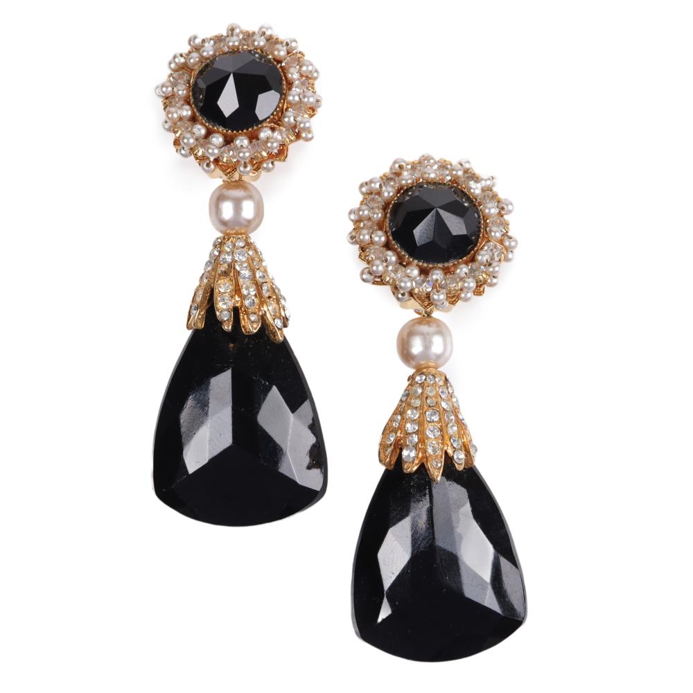 Appraisal: WILLIAM DELILLO HUGE DANGLE EARRINGS WITH BLACK FACETED JEWELS TIPPED