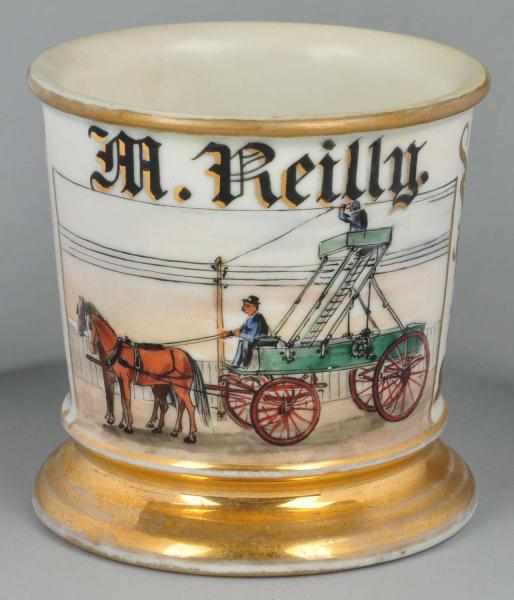 Appraisal: Horse-Drawn Wagon Shaving Mug Description Gilt name M Reilly Shows