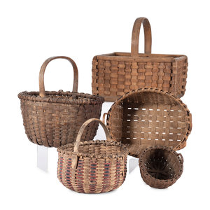 Appraisal: Five Woven Gathering Baskets American th Century Height of largest